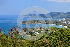 Aerial scenic view over beautiful Andaman sea and 3 bays at Karon Viewpoint, Phuket, Thailand