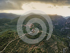 Aerial scenic view from over the famous Ridomo gorge in Taygetus Mountain. The Gorge is deep and rich in geomorphological