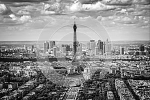 Aerial scenic view of Paris with the Eiffel tower and la Defense business district skyline black and white