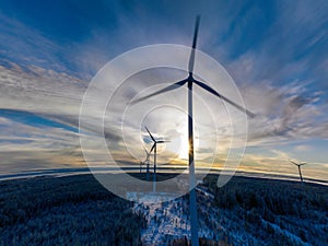 Aerial scenic view on Sunset on round Earth, curved horizon line with windmills farm rising above winter pine tree forest,