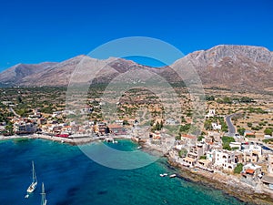 Aerial scenic view of the traditional fishing village Gerolimenas and the old port. Its one of the most picturesque settlements of