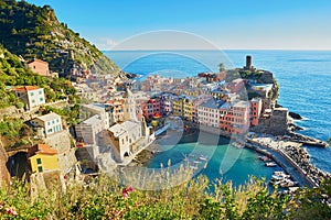 Aerial scenic view of Vernazza, Cinque Terre, Italy