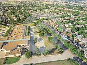 Aerial school district near residential houses in Irving, Texas, USA