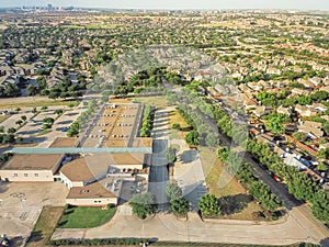 Aerial school district near residential houses in Irving, Texas, USA