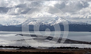 Aerial sea landscape view of Homer Spit in Kachemak Bay in Alaska USA