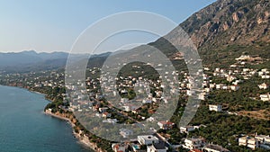 Aerial seaside view of coastal kato verga seaside town near Kalamata city, Messenia, Greece