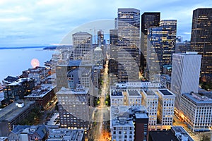 Aerial Seattle, Washington skyline at twilight
