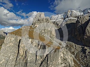 Aerial of Sella Mountain in the Dolomites above Selva di Val Gardena in South Tirol. Ethereal Mountain in GrÃÂ¶den, SÃÂ¼dtirol photo