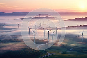 Aerial Serenity: Dawn Glow on Countryside and Wind Turbines.