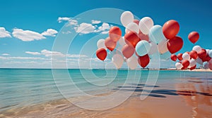 Aerial Serenity: Red Balloons Amidst the Blurry Beachscape