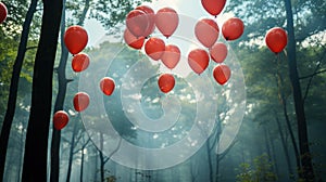 Aerial Serenity: Red Balloons Soaring in the Blue Sky Above a Blurry Forest