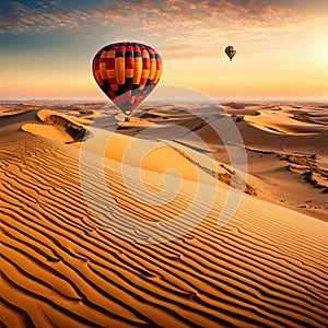 Aerial Serenity: Sunset Hot Air Balloon Journey over Desert Landscape
