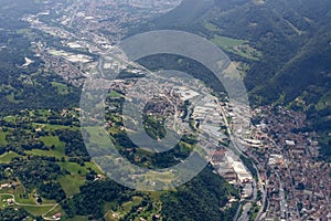 Aerial of Serio river and valley near Cene, Bergamo, Italy