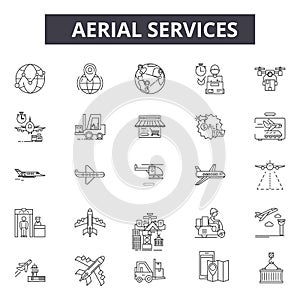 Aerial services line icons. Editable stroke signs. Concept icons: transportation, industrial trandport, airport, carrier