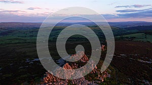 Aerial Shoot over Upland Ridge Rocks at Sunset