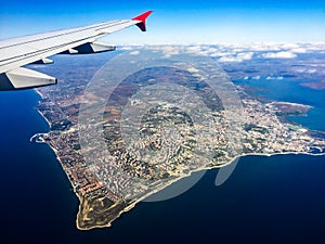 Aerial shooting from an airplane flying over the Sea of Marmara. Turkey.