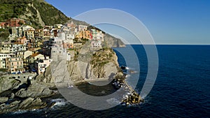 Aerial shooting with drone on Manarola one of the famous Cinqueterre