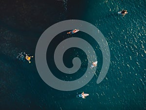 Aerial shooting surfing. Surfers in ocean