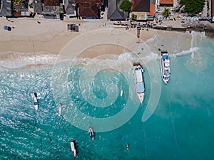 Aerial shoreline view of Jungutbatu beach at Nusa Lembongan