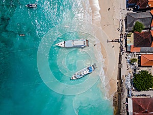 Aerial shoreline view of Jungutbatu beach at Nusa Lembongan