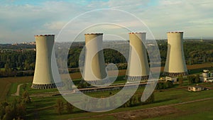 Aerial Shot Of 4 large chimneys coal power plant