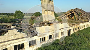 Aerial shot of an abandoned soviet cattle barn.