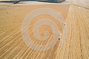 Aerial shot from above harvesters gathering crops from agricultural fields. Global food crisis and grain supply chains