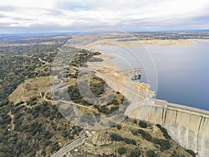 Aerial shot of the Almendro dam in Salamanca, Spain