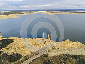 Aerial shot of the Almendro dam in Salamanca, Spain