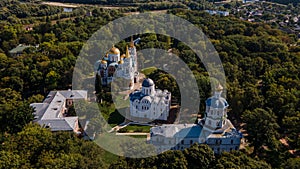 Aerial shot of ancient christian ortodox churches in Chernihiv town