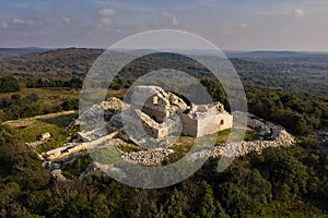 Aerial shot of the ancient fortress of Turnina near Rovinj, Istria, Croatia