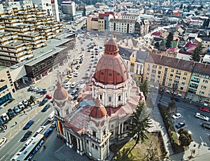 Aerial shot of Annunciation Cathedral in Targu Mures old city