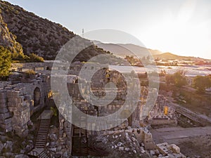 Aerial Shot Archeological remains of the Lycian rock cut tombs in Mira, Turkey