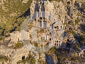 Aerial Shot Archeological remains of the Lycian rock cut tombs in Myra, Turkey