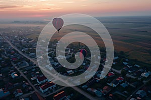 aerial shot of balloon ascending over a sleepy town at dawn