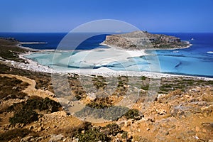 Aerial shot of Balos beach and lagoon with clear blue water on Crete Island in Greece