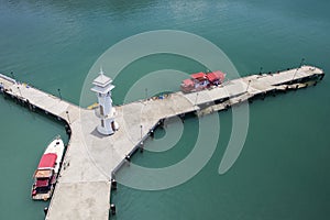 Aerial shot of Bang Bao pier in Koh Chang Thailand in a bay of water