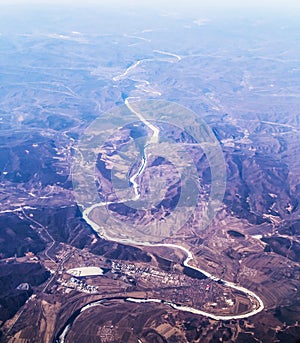 aerial shot of barren landscape in China
