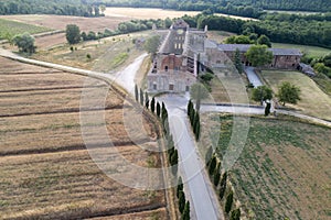 Aerial shot of the beautiful Abbey of San Galgano, Tuscany