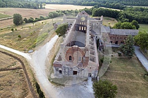 Aerial shot of the beautiful Abbey of San Galgano, Tuscany