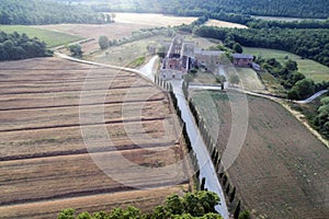 Aerial shot of the beautiful Abbey of San Galgano, Tuscany