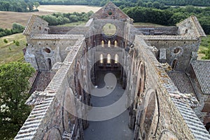 Aerial shot of the beautiful Abbey of San Galgano, Tuscany