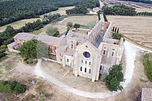 Aerial shot of the beautiful Abbey of San Galgano, Tuscany