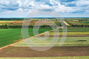 Aerial shot of beautiful countryside landscape with cultivated fields in Banat, geographical region of Vojvodina province in