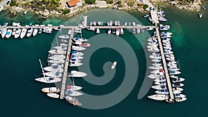 Aerial shot of a beautiful harbor in Ormos Panagias, Sithonia, Halkidiki, Greece