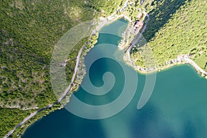 Aerial shot of the beautiful Lake Scanno in Abruzzo