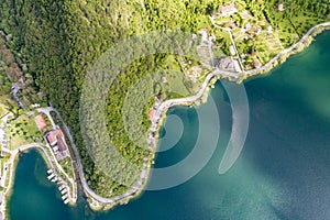 Aerial shot of the beautiful Lake Scanno in Abruzzo