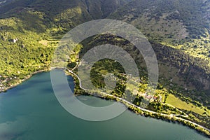 Aerial shot of the beautiful Lake Scanno in Abruzzo