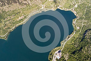 Aerial shot of the beautiful Lake Scanno in Abruzzo