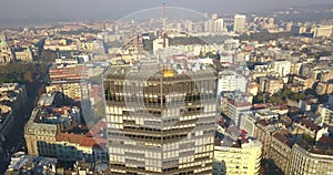Aerial shot of Beogradjanka, a modern building in Belgrade downtown area